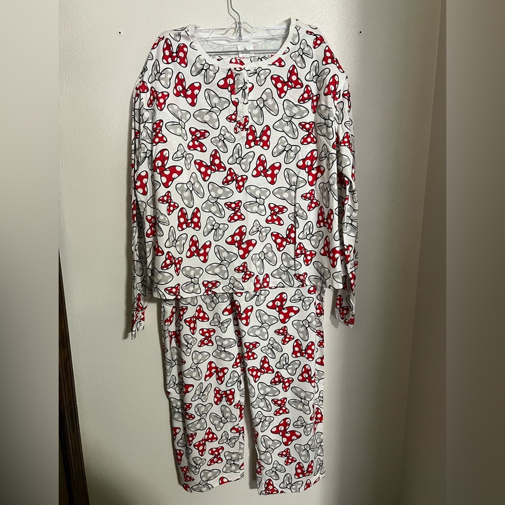 DISNEY Classic Minnie Mouse Bow 2 Piece Pajama Set White Red Grey‎ Women's Sz 1X